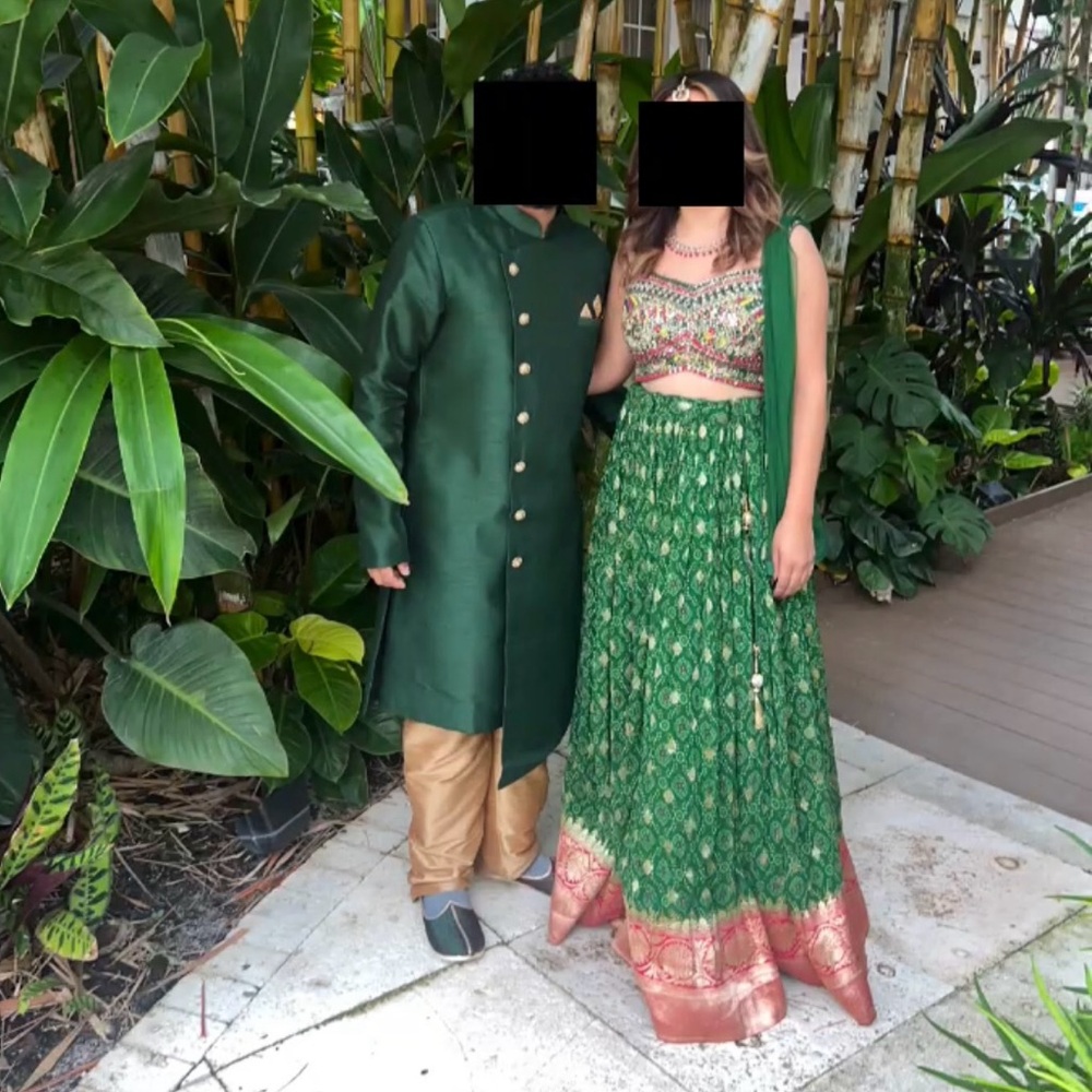 Green Pink Gold Lehenga Choli Set 3 Piece | Embroidered | XL | Dry Cleaned